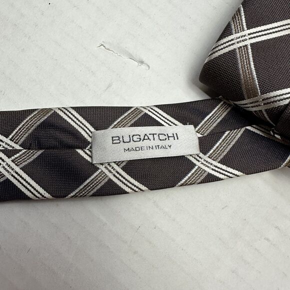 Bugatchi Men's Tie, 100% Silk Italy - Brown Grey Silver Geometric Stripe - Picture 9 of 9